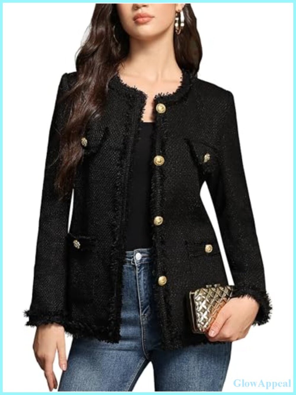 Tweed Blazer with Pockets Collarless Long Jacket Business Casual